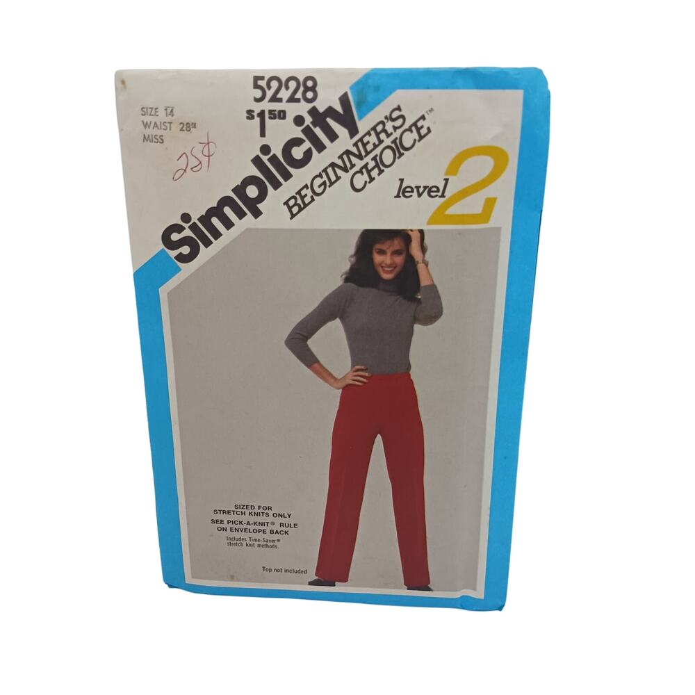 Simplicity 5228 Size 14 28" Waist For Stretch Knits 1980s Pull On Pant Pattern